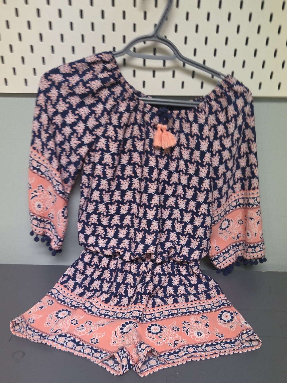 Takara Navy and Pink Floral Playsuit with Tassel Tie
